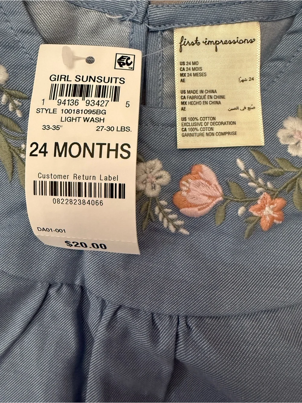 First Impressions Baby Girl Floral Embroidered Sunsuit Romper Light Wash 24M NWT